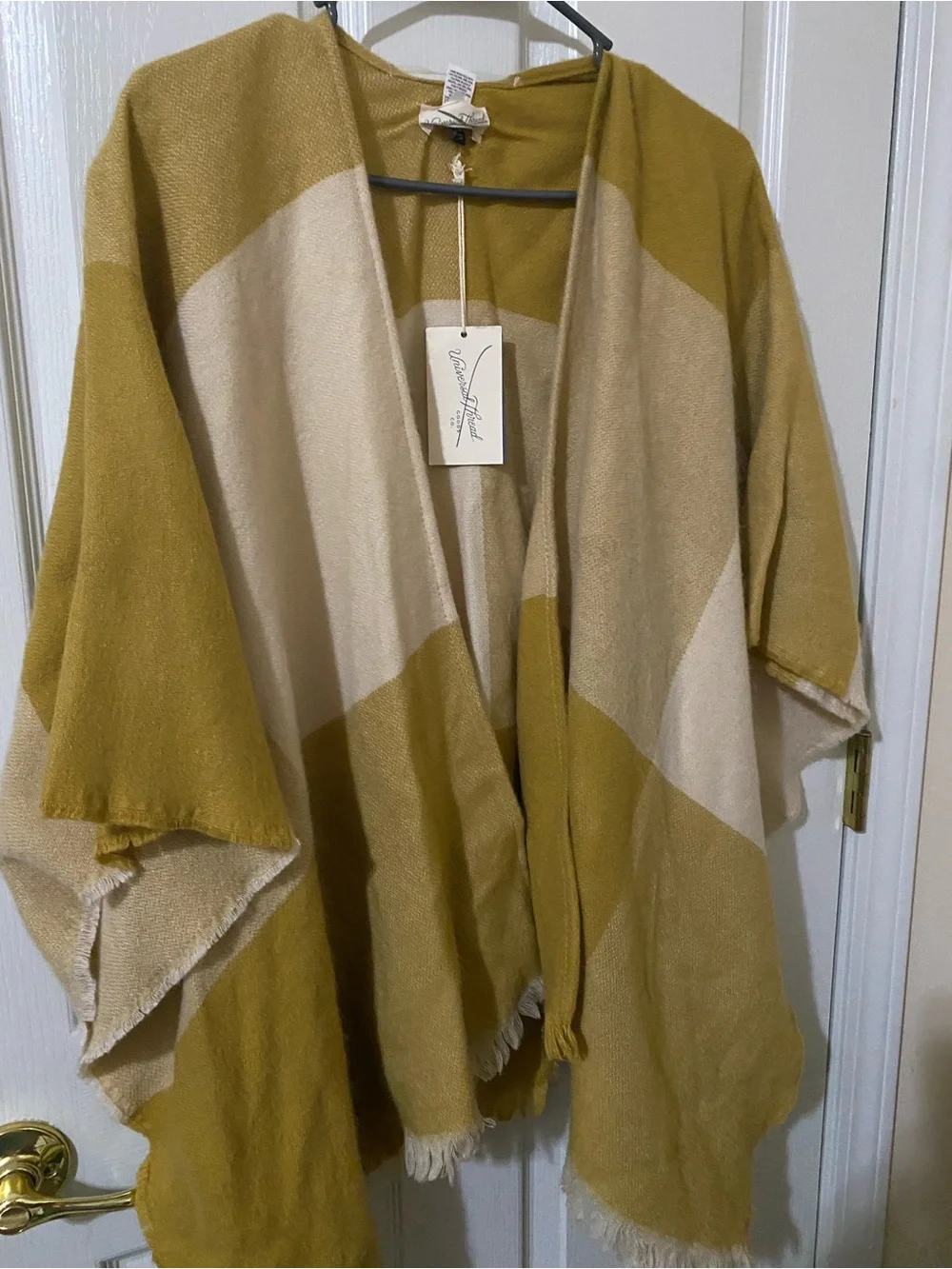 Universal Thread Ruana Colorblock Fringe Poncho | OSFM | Mustard & Cream NWT